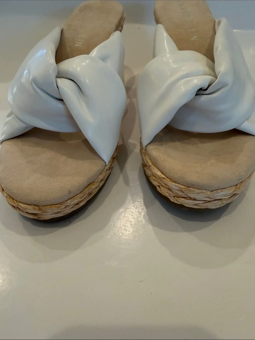 Anne Klein White Knot-Front Espadrille Wedge Slide Sandals Size 9.5